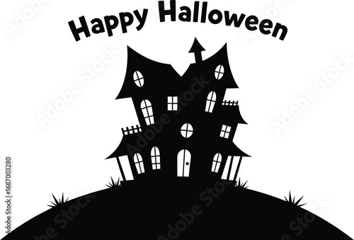 Happy halloween haunted house silhouette, spooky mansion hill, perfect for greeting cards and invitations