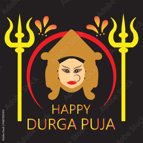 Durga Puja festival illustration with goddess face. Colorful vector illustration of Goddess Durga face with tridents and festive design, perfect for celebrating the Hindu Durga Puja festival.