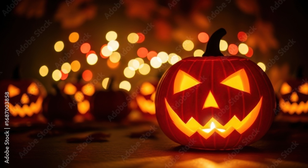 Fototapeta premium Glowing Jack O Lantern Pumpkin with Menacing Face in Halloween Decor with Bokeh Lights