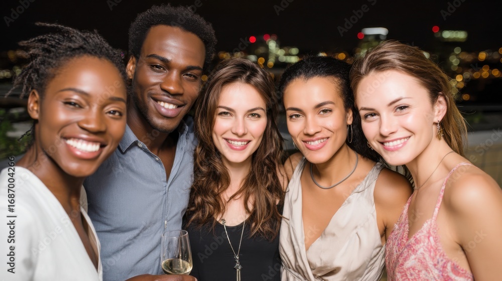 Obraz premium Celebrating friendship a night out in the city group portrait urban skyline festive atmosphere joyful gathering
