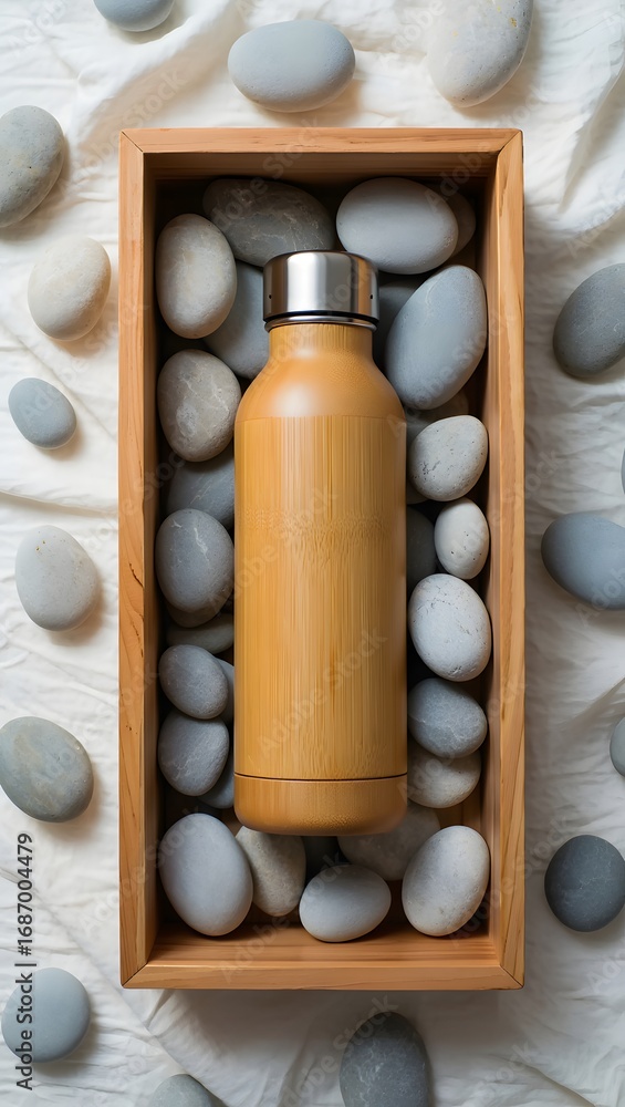 Fototapeta premium Bamboo bottle with stones in a wooden box on white fabric background image is cool 90