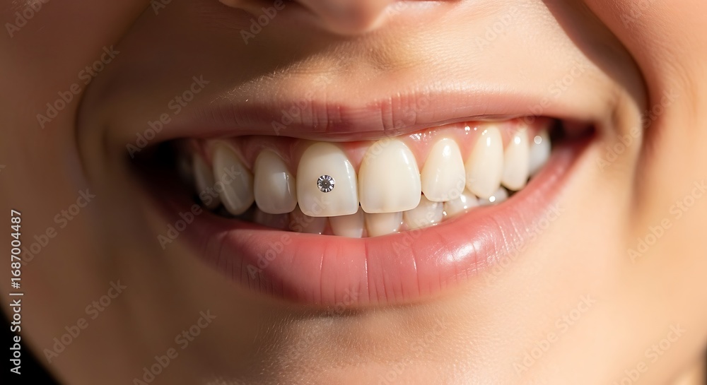 Fototapeta premium Close-up of a Smiling Persons Teeth with Tiny Black Markings.