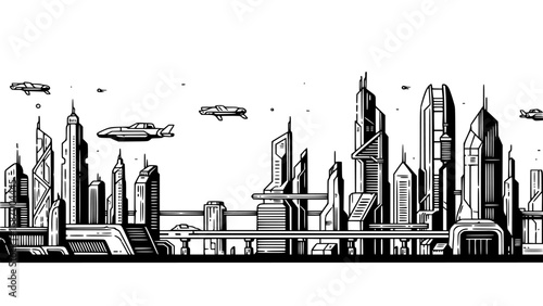 Futuristic cityscape with towering skyscrapers and flying vehicles