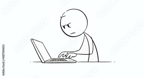 Frustrated Stick Figure Working on Laptop with Angry Expression, Simple Hand Drawn Black and White Illustration