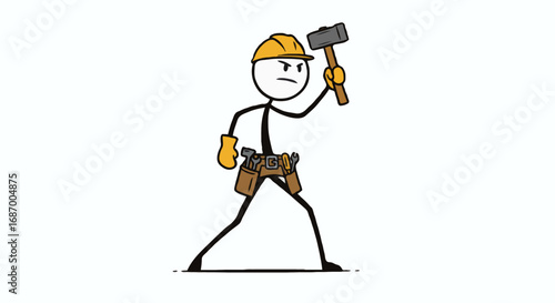 Stick figure construction worker holding a hammer, ready to build or demolish, conveying strength and determination