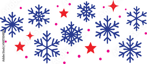 Illustration of blue snowflakes red stars and pink dots scattered on a white background vector design element.