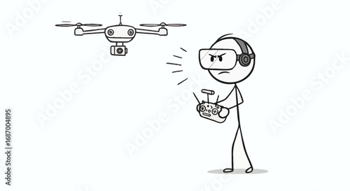 Engaged stickman pilots a high-tech camera drone, experiencing virtual reality flight control with precision remote operation