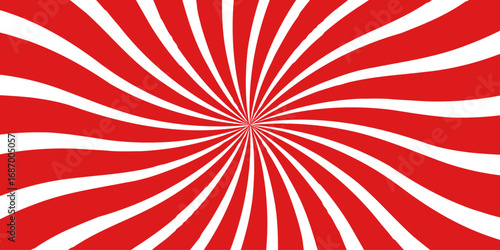 Abstract grunge red and white sunburst retro rays pattern. Dynamic abstract spiral design with a central focal point with wavy stripes. Hypnotic swirl radiates symmetrically sense of motion and energy