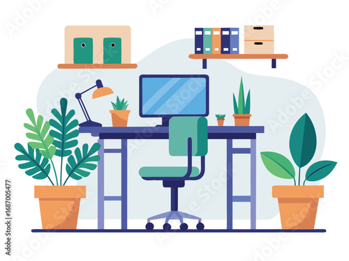 Modern office desk setup with computer plants and desk lamp for productive work