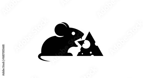 Black silhouette icon of a small mouse eating a piece of cheese.
