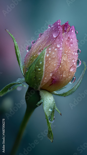Rose Bud Elegance: A close-up of a delicate rose bud, glistening with raindrops, symbolizes the beauty and purity found in nature, offering a sense of calm and wonder.