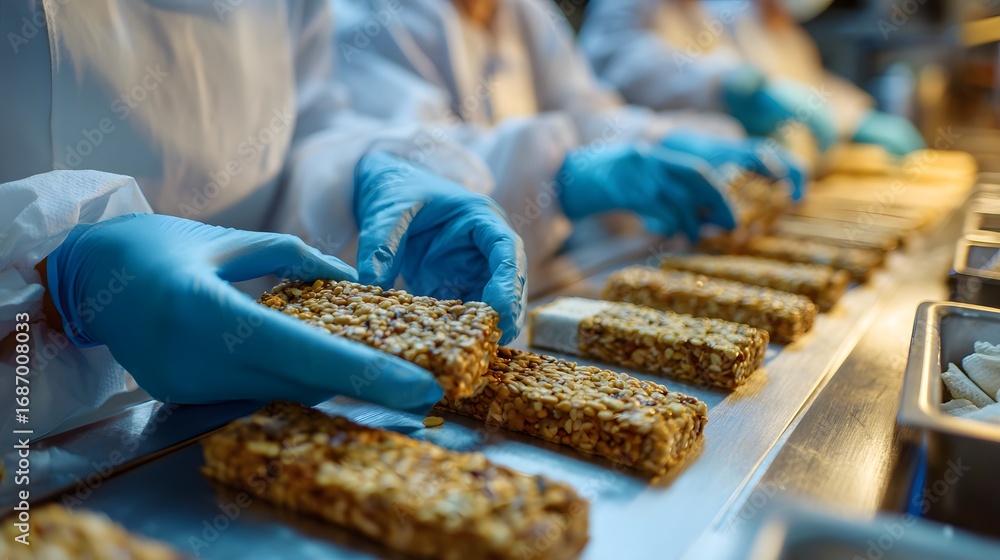 Fototapeta premium female workers in a food production line at the factory make granola bars. the close-up shows hands with gloves and masks working on a conveyor belt