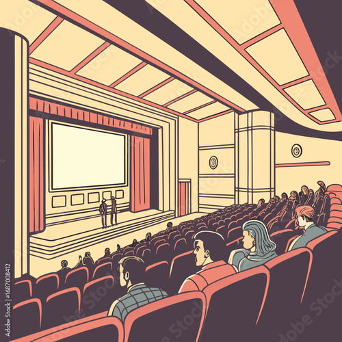 Illustration of a retro movie theater with audience watching a presentation