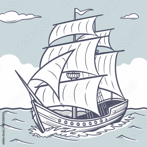 Illustration of a sailing ship on the sea with blue sky and white clouds