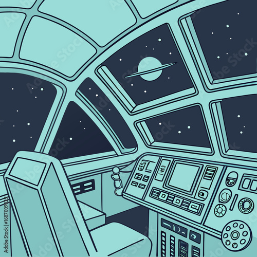 Vector art of a spaceship cockpit with a view of a planet and stars in the distance