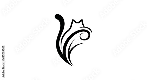 Elegant black cat silhouette with a swirling tail logo design.