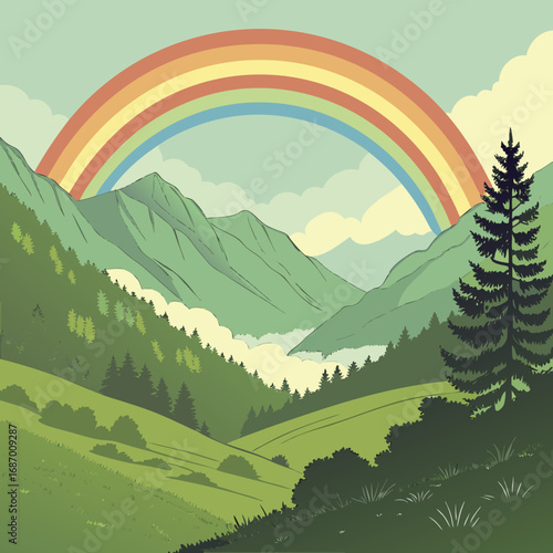 Vector art of a vibrant rainbow arches over a lush green mountain valley landscape
