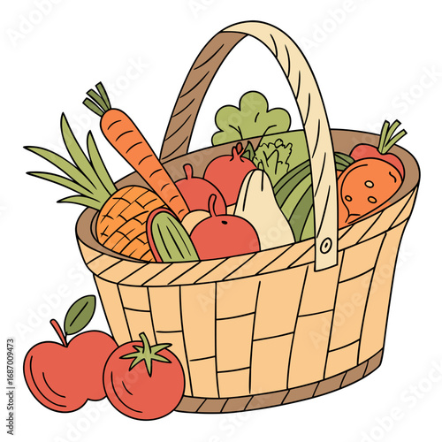 Vector art of basket full of fresh vegetables and fruits
