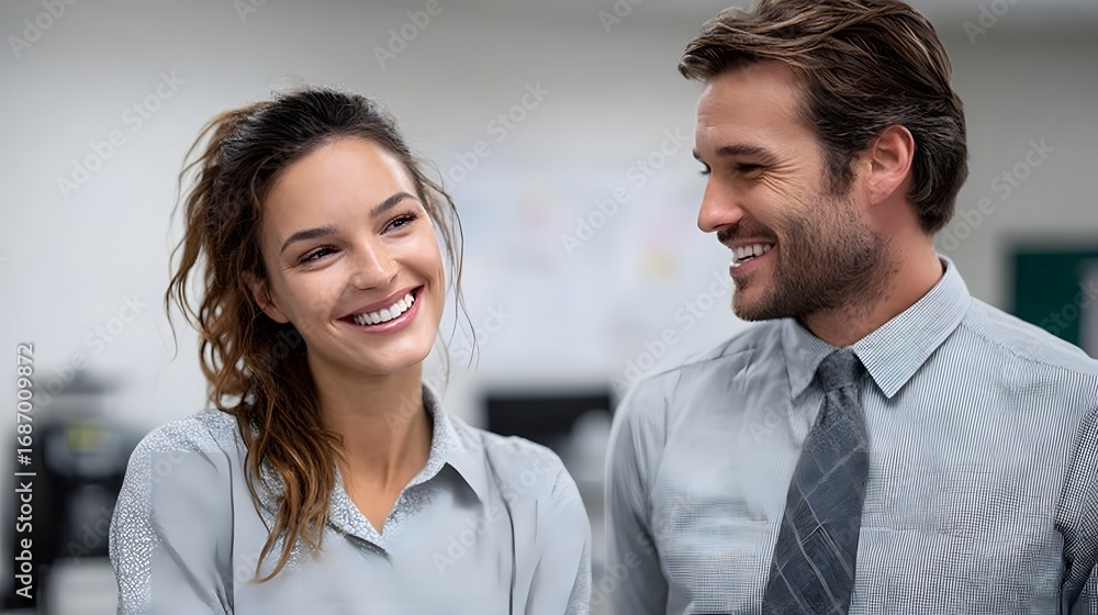 Two smiling professionals in a bright office setting engage in a positive conversation reflecting a collaborative work atmosphere