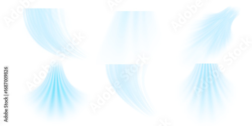 Air flow set of vector elements on a white background. Abstract light effect blowing from an air conditioner, purifier or humidifier. Dynamic blurred flow motion	