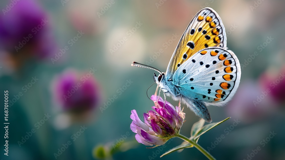 Obraz premium Adonis blue butterfly delicately resting on a purple clover flower in a sundrenched meadow