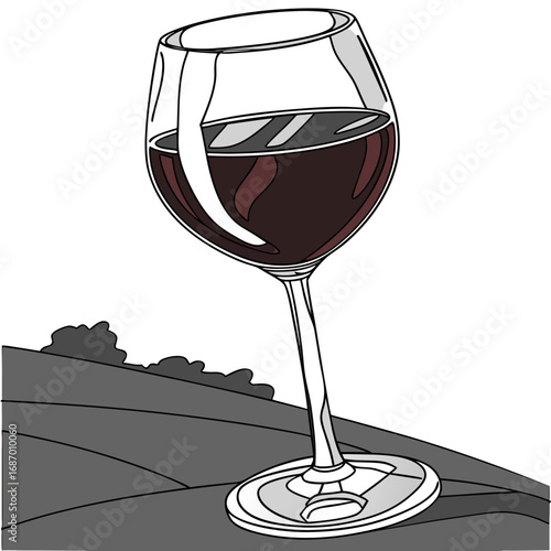 Vector art of elegant glass of red wine on a vineyard