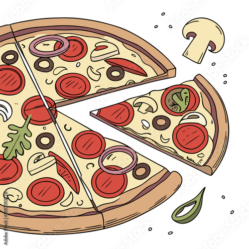 Vector art of hand drawn pizza with pepperoni illustration