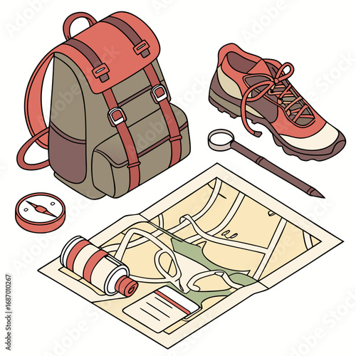 Vector art of hiking equipment including backpack, shoes, map, compass