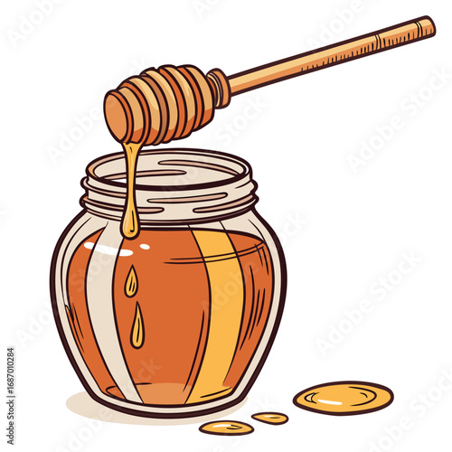 Vector art of honey jar with dipper, sweet and natural food