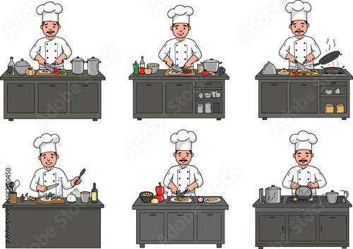 Chef cooking in kitchen cartoon set, food preparation, culinary skills, chopping, plating, stove, ingredients, recipe, cuisine, restaurant, cooking process