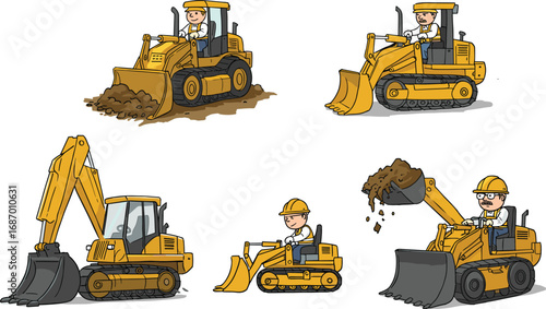 Construction vehicles cartoon set, bulldozer, excavator, loader, dirt pile, heavy machinery, job site, engineering, industry, equipment, operator, work