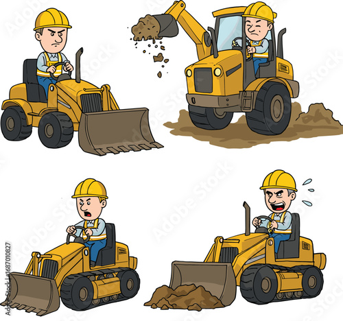 Construction workers operating heavy machinery cartoon set, bulldozer, excavator, loader, job site, safety, teamwork, dirt, engineering, industry, vehicle