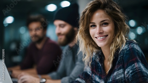 Young professionals collaborating in a modern office focus on a smiling woman