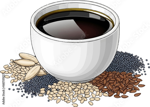 White Cup of Black Coffee with Assorted Seeds Illustration