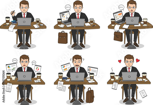 Man at desk cartoon set, workplace emotions, stress, productivity, confusion, sadness, business, laptop, office, reaction, mental health, burnout