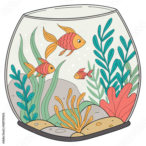 Vector art of three fish swimming in a fishbowl with plants and rocks inside the aquarium