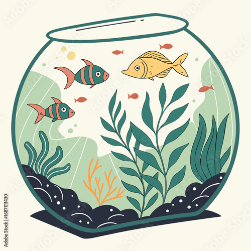 Vector art of three fish swimming in a fishbowl with plants and rocks inside the bowl