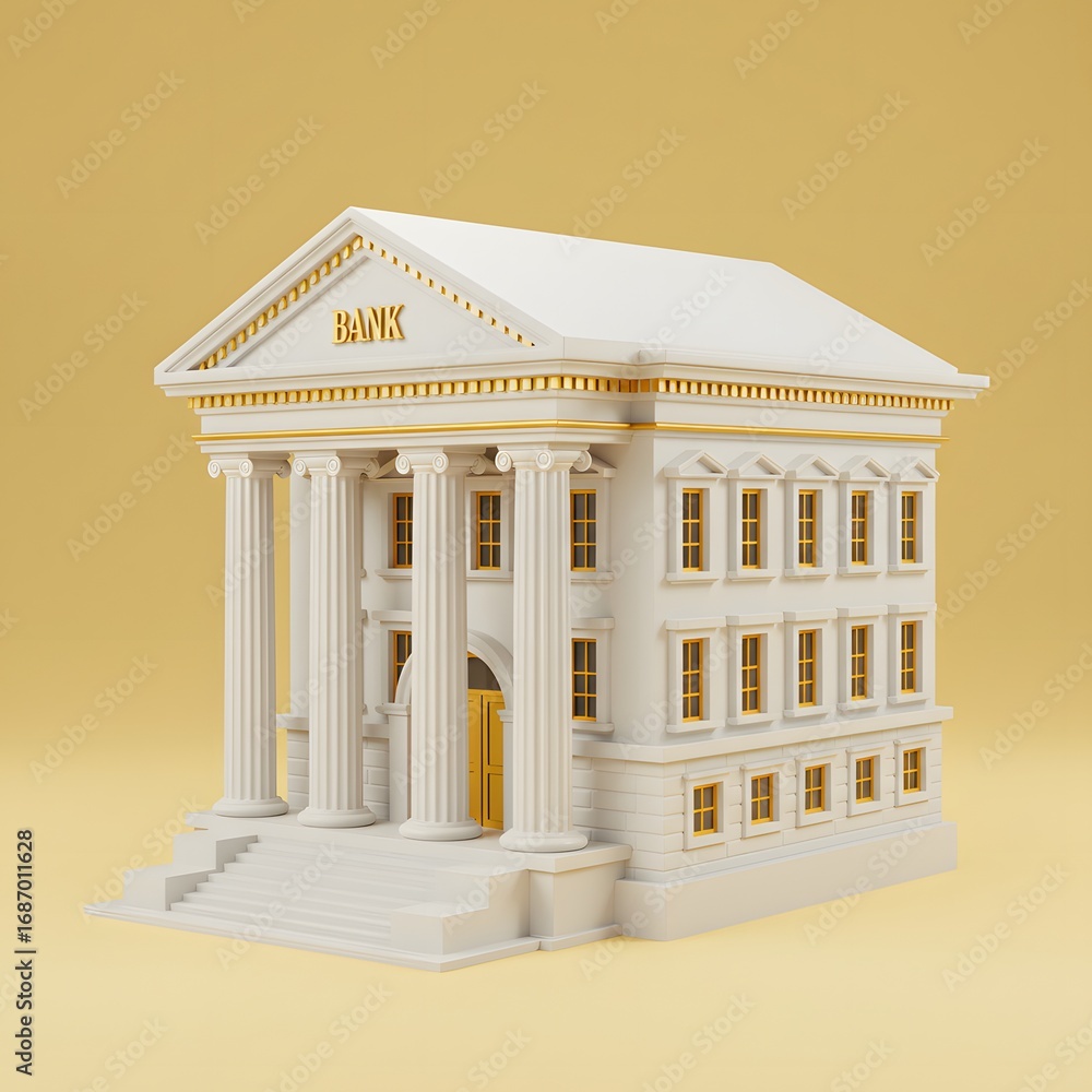 Fototapeta premium 3d illustration. Elegant white bank building with golden accents and grand columns evokes trust and financial security for your projects.