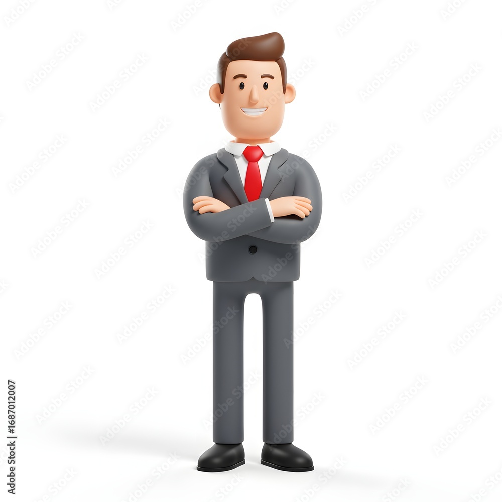 Obraz premium 3d illustration. Confident businessman in suit with arms crossed embodies professional success and corporate leadership, ready for any business challenge.