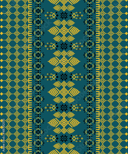 Vector, Geometric Textile Design in Yellow and Green
Color arithmetic patterns Native American fabrics, tiles, carpets, vectors, designs on dark green and black floors.
seamless geometric pattern