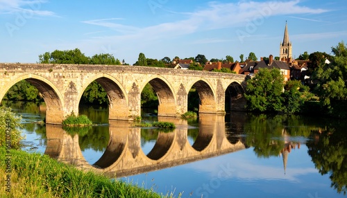 Stone arched bridge over a calm river, reflecting the sky and landscape