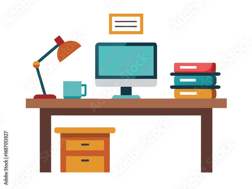 Clean modern office desk setup with computer lamp books and drawer unit