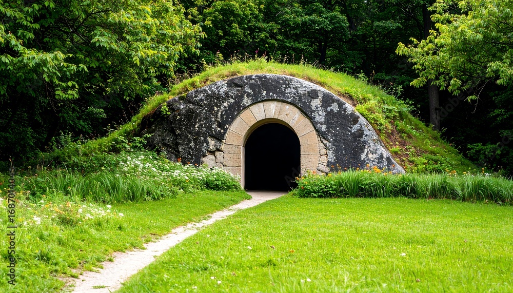 Obraz premium Stone archway entrance in a grassy park