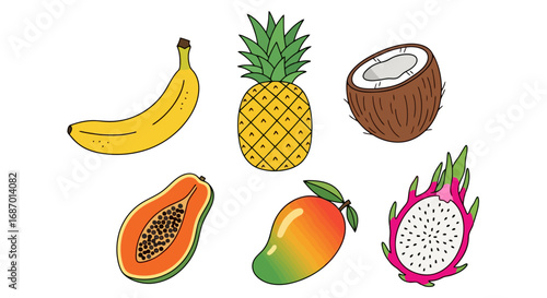 Cartoon vector illustration of tropical fruits. Ideal for health and wellness content, educational resources, or graphic design projects.