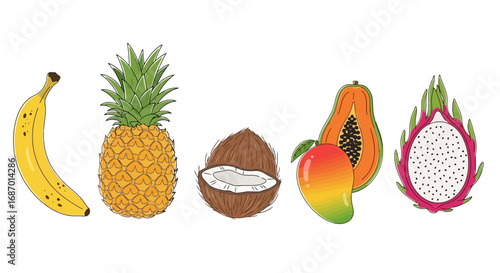 Collection of Colorful Tropical Fruits in Vector Illustration Style, Suitable for Healthy Food Promotion, Recipe Illustration, and Educational Materials.
