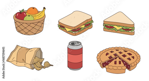 Cartoon picnic spread featuring fruit basket, sandwiches, potato chips, soda, and pie, suitable for illustrating family outings, lunch menus, or dietary concepts