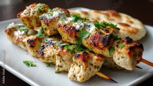 Tender chicken reshmi kebabs, lightly marinated in cream and spices, grilled to a golden char, accompanied by fresh cilantro and naan