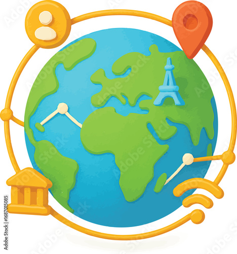 Global connectivity and travel icons around stylized Earth, connecting people, places, and services worldwide