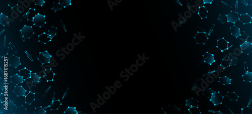 Abstract glowing molecular hexagons for scientific research presentation. Flying hexagonal blue shapes connected by dots for medical background or biotech design. Vector illustration.