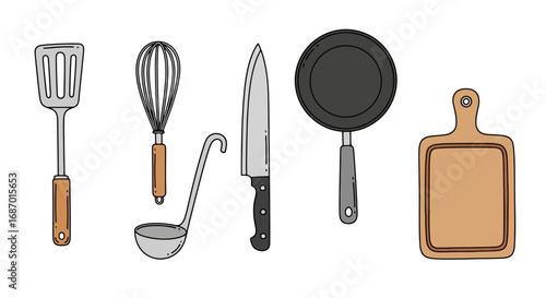 Kitchen utensil set illustration featuring spatula, whisk, ladle, knife, frying pan, and cutting board for culinary design, cooking blogs, and recipe illustrations.